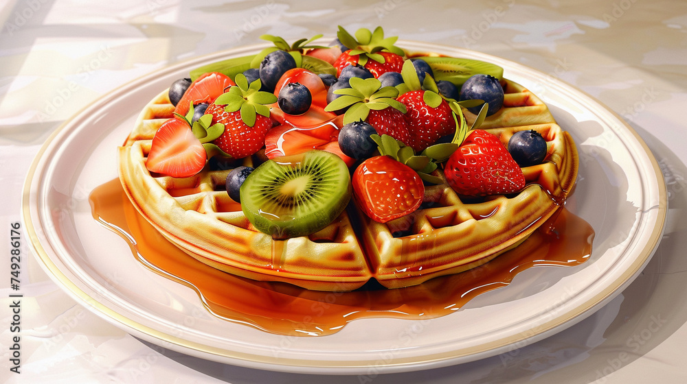 Delicious Waffle Stack with Fruit Toppings and Syrup Delicious Waffle Stack with Fruit Toppings and Syrup