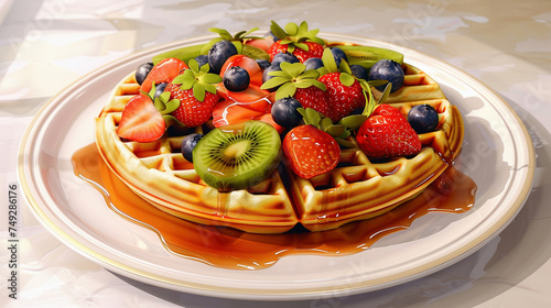 Delicious Waffle Stack with Fruit Toppings and Syrup
