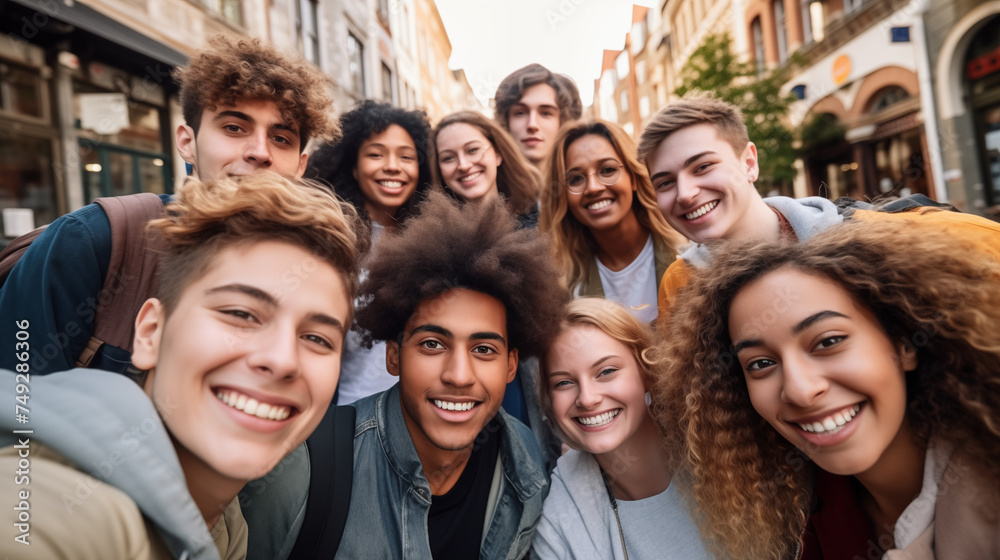 Smiling Multicultural Group of Friends Taking a Selfie, Symbolizing Race Equality Smiling Multicultural Group of Friends Taking a Selfie, Symbolizing Race Equality