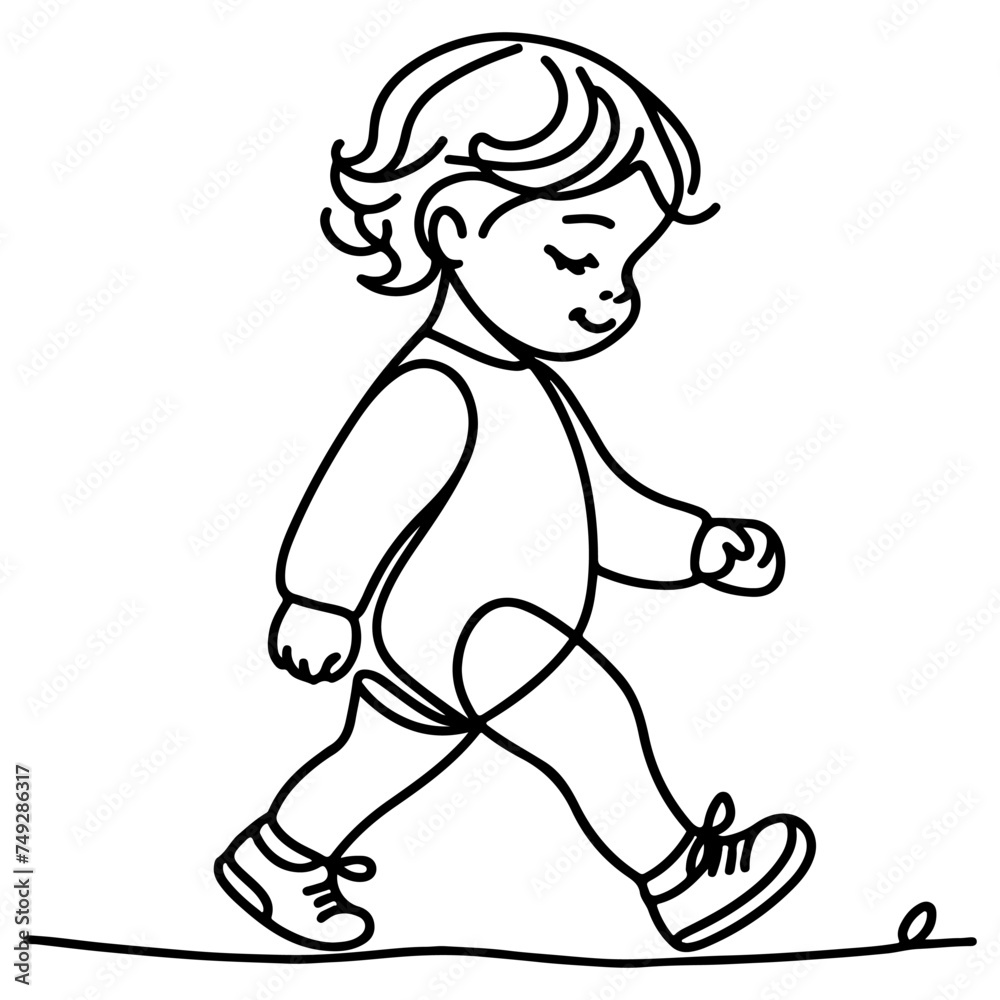 Continuous one black line art hand drawing child walking doodles outline cartoon characters set style coloring page vector illustration  on white background