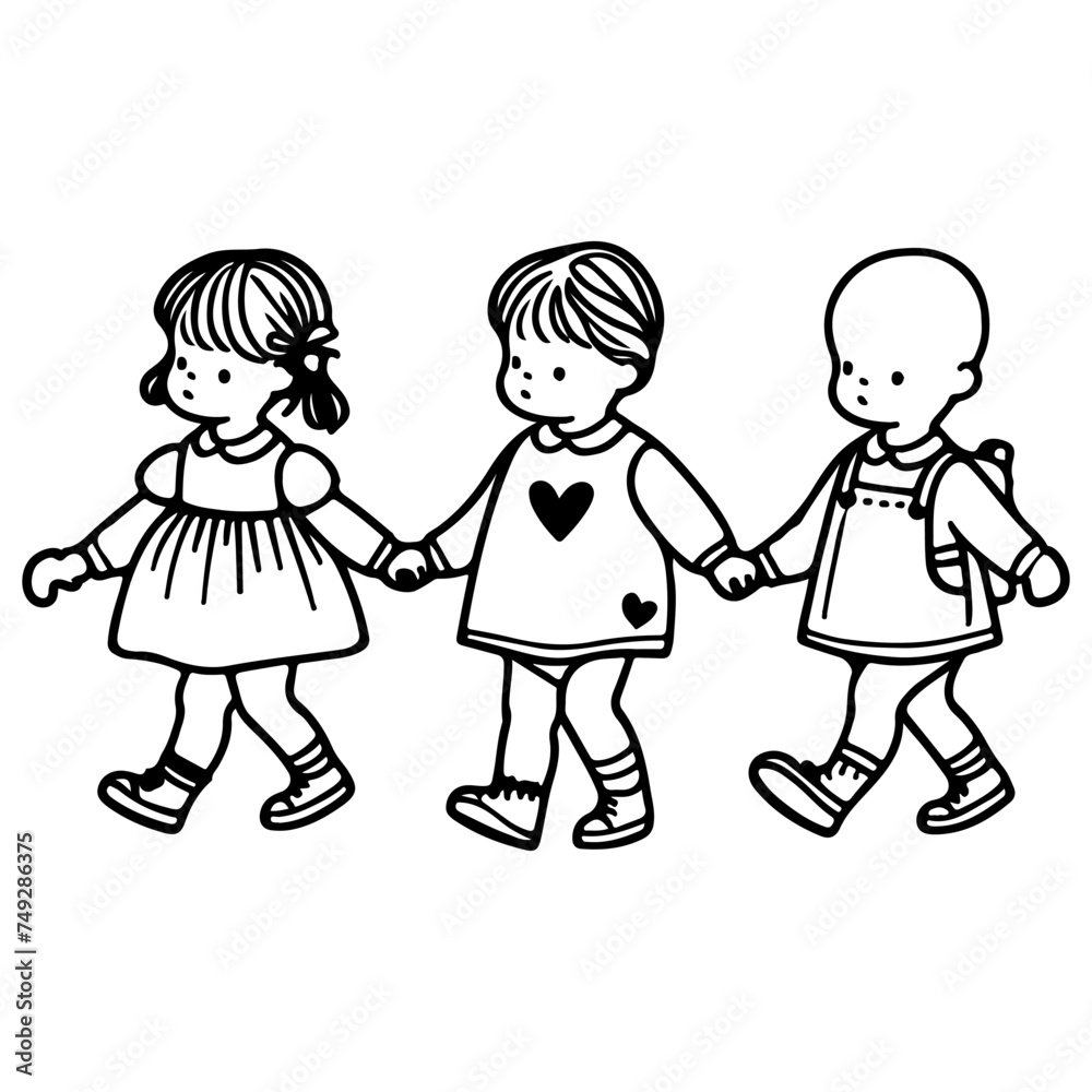 Continuous one black line art hand drawing child walking doodles outline cartoon characters set style coloring page vector illustration on white background Continuous one black line art hand drawing child walking doodles outline cartoon characters set style coloring page vector illustration on white background