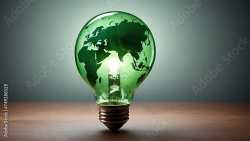 Renewable Energy Environmental protection renewable sustainable energy sources TThe green world map is on a light bulb that represents green energy, Concept of energy saving and ecology, AI generated