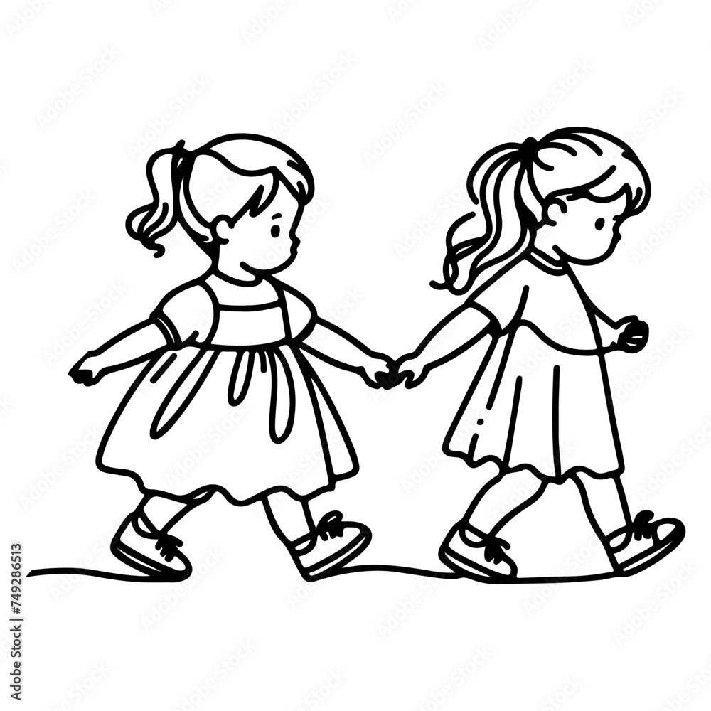 Continuous one black line art hand drawing child walking doodles outline cartoon characters set style coloring page vector illustration on white background Continuous one black line art hand drawing child walking doodles outline cartoon characters set style coloring page vector illustration on white background