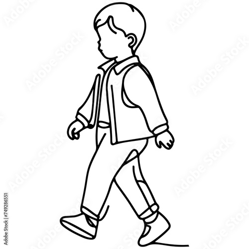 Continuous one black line art hand drawing child walking doodles outline cartoon characters set style coloring page vector illustration on white background