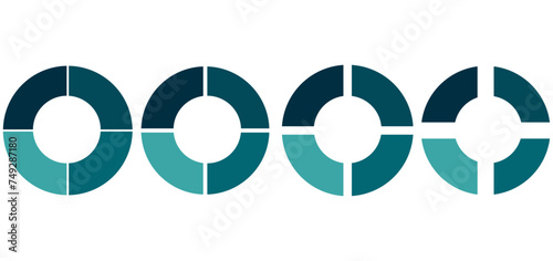 Circle section graphs.Wheels round divided four sections. Diagrams infographic set. Pie chart icons. Donut charts or pies segmented on 4 equal parts