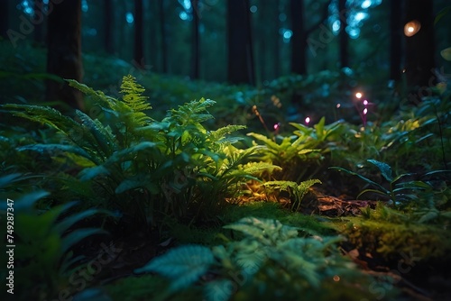 Fairytale forest with bright neon sparks, glowing in the dark woods. Close up.