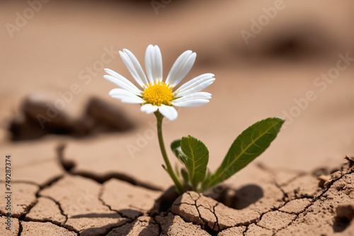 Tiny white flower broke through dry cracked earth © Giuseppe Cammino