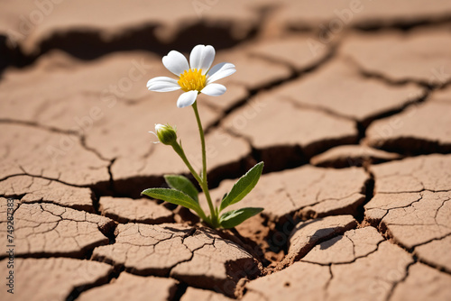 Tiny white flower broke through dry cracked earth © Giuseppe Cammino