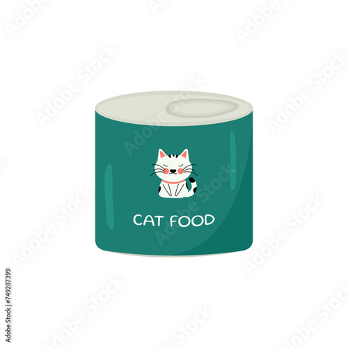 Can of canned food for cats. Turquoise wet pet food. Concept for pet products, pet food, veterinary clinic. Vector eps 10 isolated on white background.