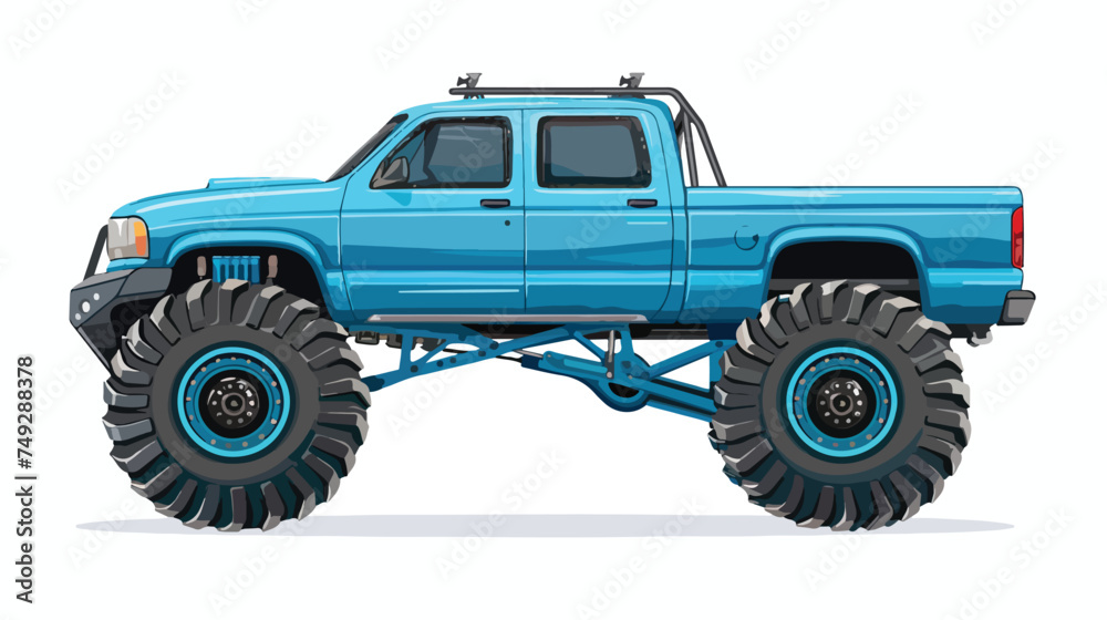 Flat vector icon of big monster truck. Blue car with