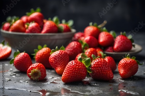 Fresh strawberries on dark marble kitchen table. Close up.