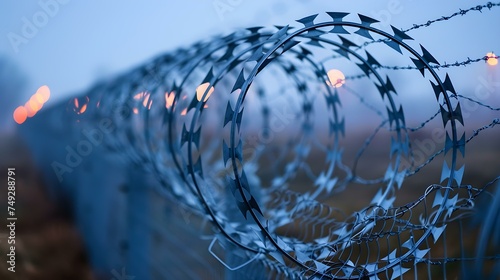 Barbed wire fence with security controls to prevent intrusion and unauthorized access. Concept Security Measures, Intrusion Prevention, Barbed Wire Fence, Access Controls, Unauthorized Entry