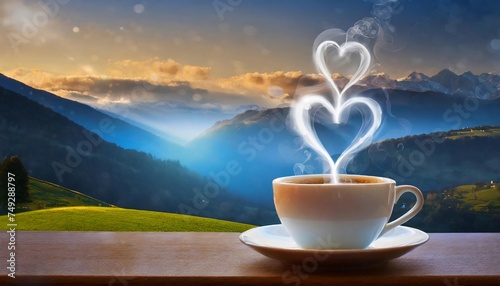 a cup of coffee on the table, steam from coffee in the shape of a heart, against the backdrop of nature and mountains