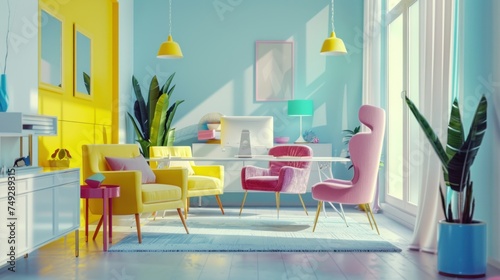 A luxurious modern bright living room, yellow, blue, purple chairs with white walls and bright sunlight shining through the large windows. © Nouman Ashraf