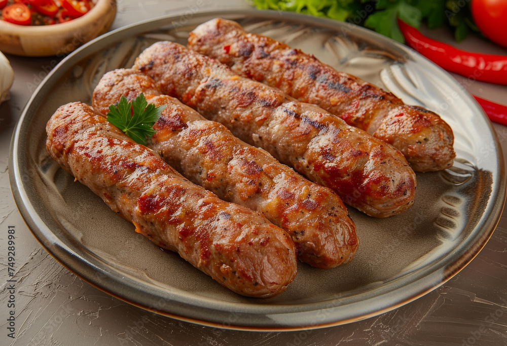 Close-up of delicious grilled sausages on a plate