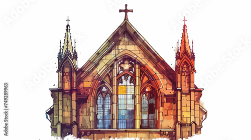 Hand drawn gothic church with stained glass windowhite i
