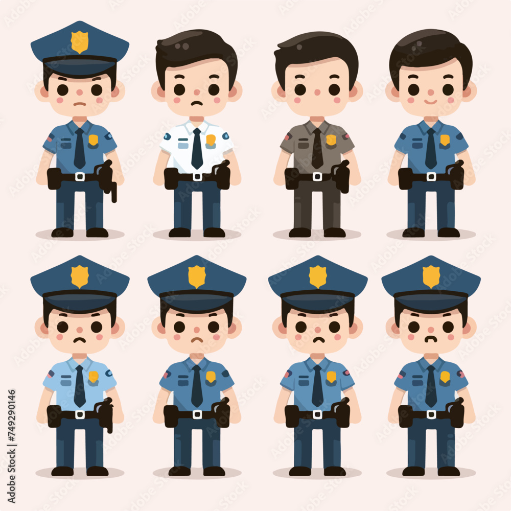 Vector set of full body police characters with a simple flat design style