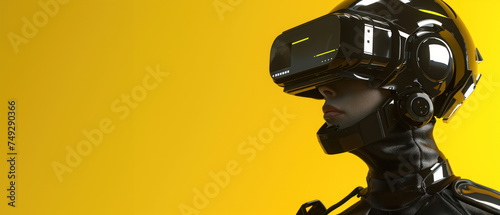 A striking image of a person wearing a sleek, black VR headset, symbolizing modern technology against a vibrant yellow background