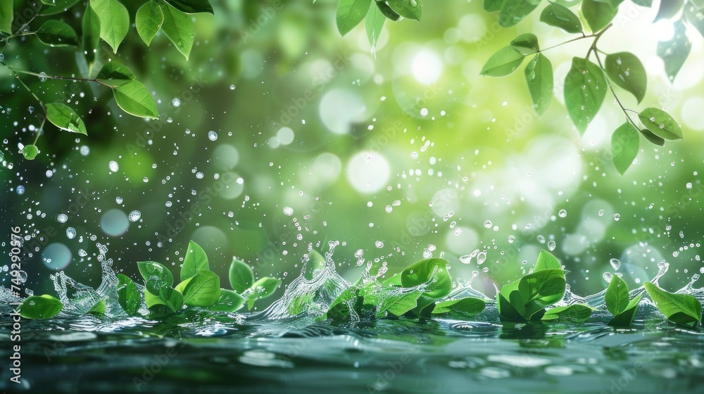 Beautiful spring detailed close up stream of fresh water with young green plants. Horizontal banner, springtime concept. Abstract outdoor wild nature background. AI generative image. Beautiful spring detailed close up stream of fresh water with young green plants. Horizontal banner, springtime concept. Abstract outdoor wild nature background. AI generative image.