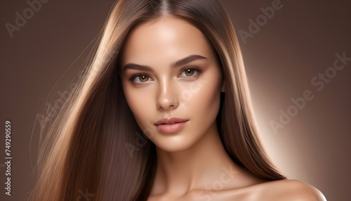 Brown-haired girl with long hair on a plain brown background. Beauty and health. Cosmetology