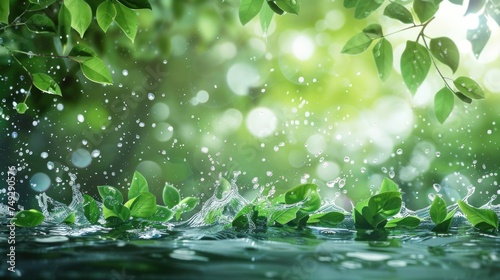 Beautiful spring detailed close up stream of fresh water with young green plants. Horizontal banner  springtime concept. Abstract outdoor wild nature background. AI generative image.
