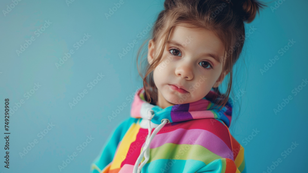 Contemplative young girl in colorful hoodie posing against a blue background. Contemplative young girl in colorful hoodie posing against a blue background.