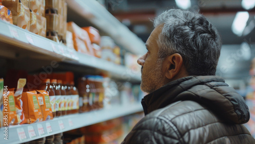 Pensive man grocery shopping, carefully selecting products in supermarket aisle.