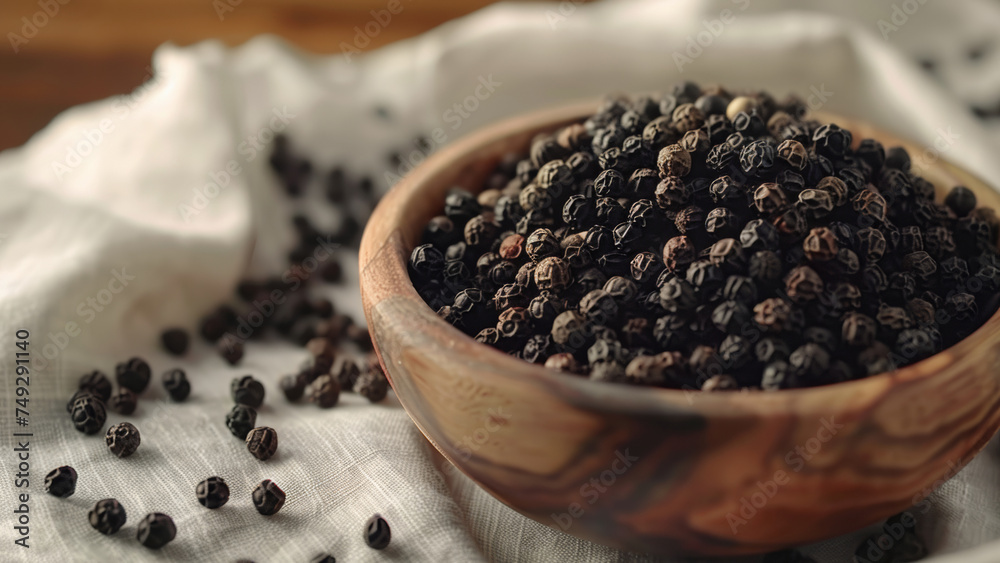 Aromatic black peppercorns sprinkled in a rustic wooden bowl, essence of spice. Aromatic black peppercorns sprinkled in a rustic wooden bowl, essence of spice.