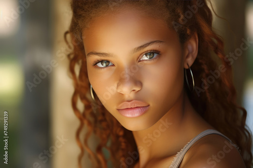 Captivating girl with spiral curls and piercing blue eyes  close-up.