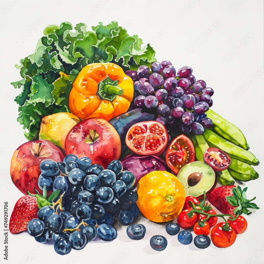 Watercolor painting of fruits and vegetables with a white background Watercolor painting of fruits and vegetables with a white background