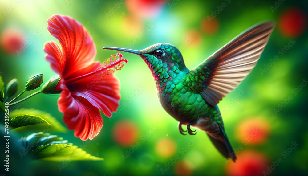 Obraz premium Close-up of a flying hummingbird hovering next to a bright red hibiscus flower. The background is a blur of green, depicting a lush garden