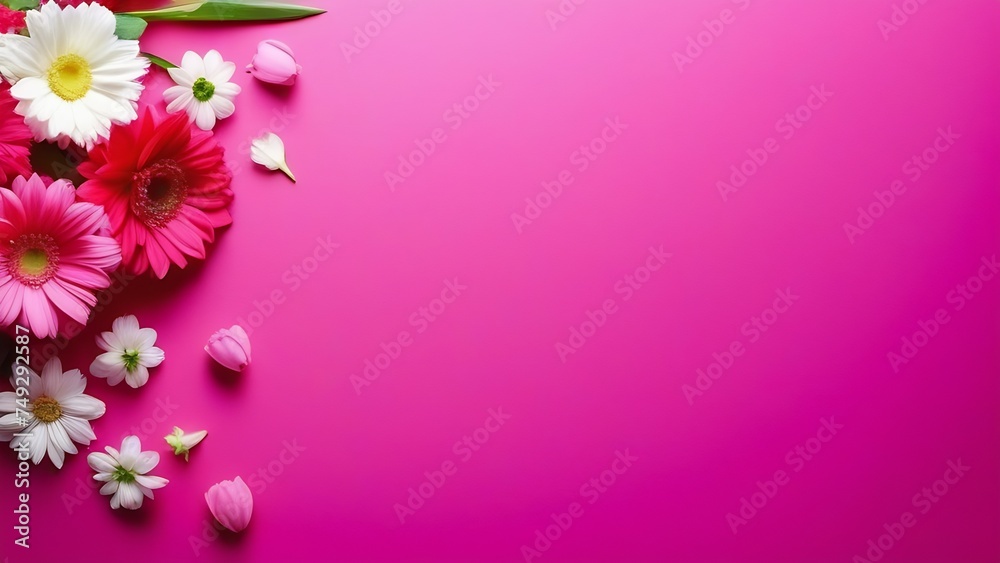 Bouquet of flowers on a pink background, greeting concept for anniversary, mother's day and birthday, copy space, top view, banner