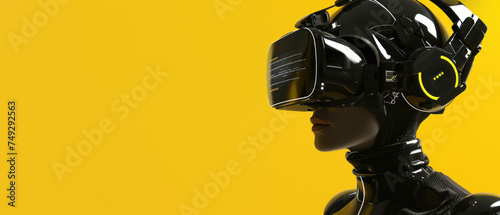 A powerful image of a futuristic cyberpunk helmet set against a stark yellow backdrop, emblematic of sci-fi and technology