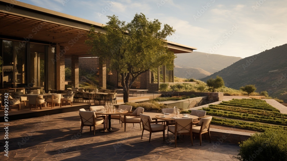 A picturesque hillside restaurant surrounded by vineyards and olive groves