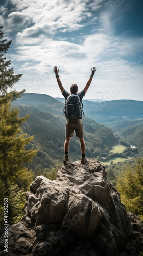 Explorer Raising Hands to the Sky Upon Reaching the Summit of a Mountain, Admiring the Stunning Panoramic View
