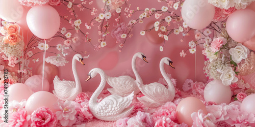 make a pastel pink cakesmash backdrop with pastel pink ballons arcade and flowers and swans photo