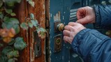 A burglar picking a lock to break into a country house. Concept Crime, Intrusion, Lock Picking, Burglary, Suspense