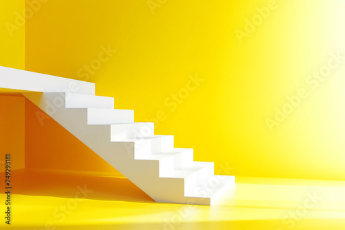 white stairs going up, yellow background 3d rendering