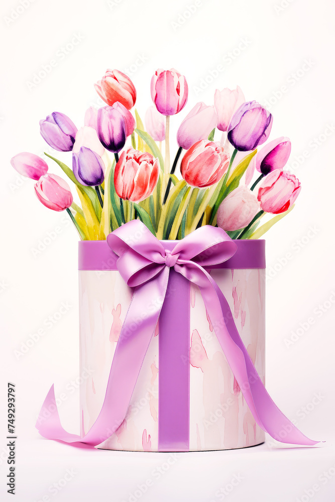 A vibrant bouquet of tulips in a gift box adorned with a ribbon. Perfect for Woman's Day, Mother’s Day, birthday card. Concept of spring, fresh blooms that symbolize renewal and beauty.