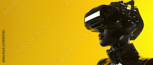 A stunning visual of a VR headset with an aesthetic machinery design on a monochromatic yellow backdrop