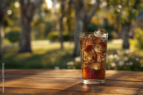 a glass of soda water on a wooden table in the park