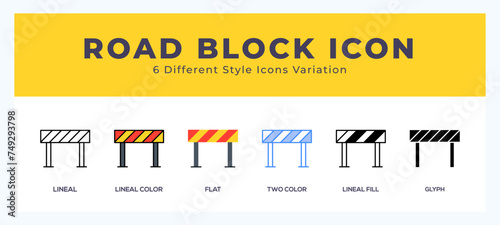 Road block icon symbol set. outline. glyph black. flat color and filled line color.