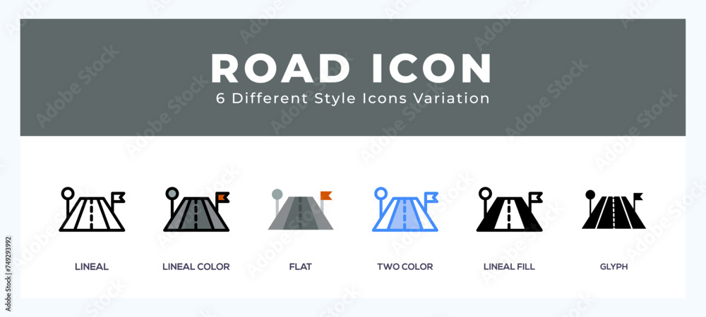 Road icon set with different styles. Icons designed in filled. outline. flat. glyph and line colored. Road icon set with different styles. Icons designed in filled. outline. flat. glyph and line colored.