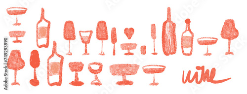 Isolated vector set of wine and alcoholic beverage glasses and tumblers. Hand drawn sketch. Watwecolor. Red drawing on white background.	
