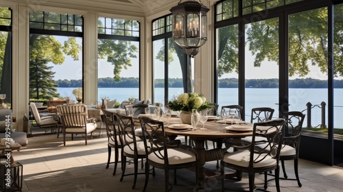 A refined dining room with large windows overlooking a serene lakeside landscape