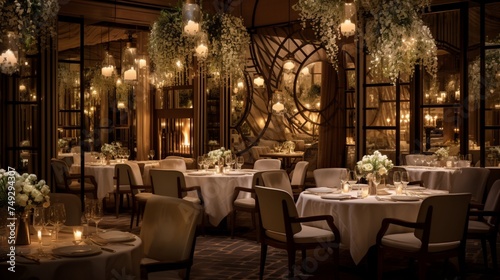 A refined fine dining restaurant with white linen-covered tables and soft candlelight
