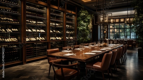 A refined restaurant with a glass-enclosed wine cellar as a focal point