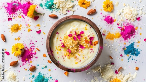 almond pudding in holi theme background