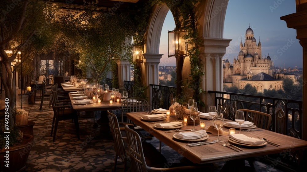 A refined restaurant with tables set on a balcony overlooking a bustling city street