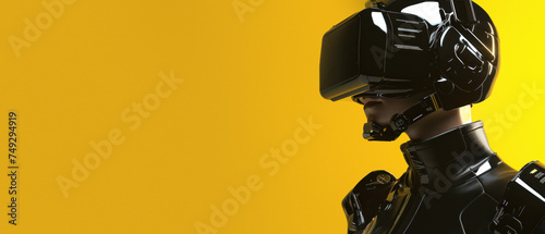 A high-tech robotic head against a vibrant yellow backdrop, suggesting advanced technology and artificial intelligence